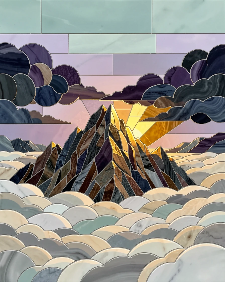 A dramatic mountain summit above a sea of clouds at first light, framed by distant storm clouds and a break of sunlight.