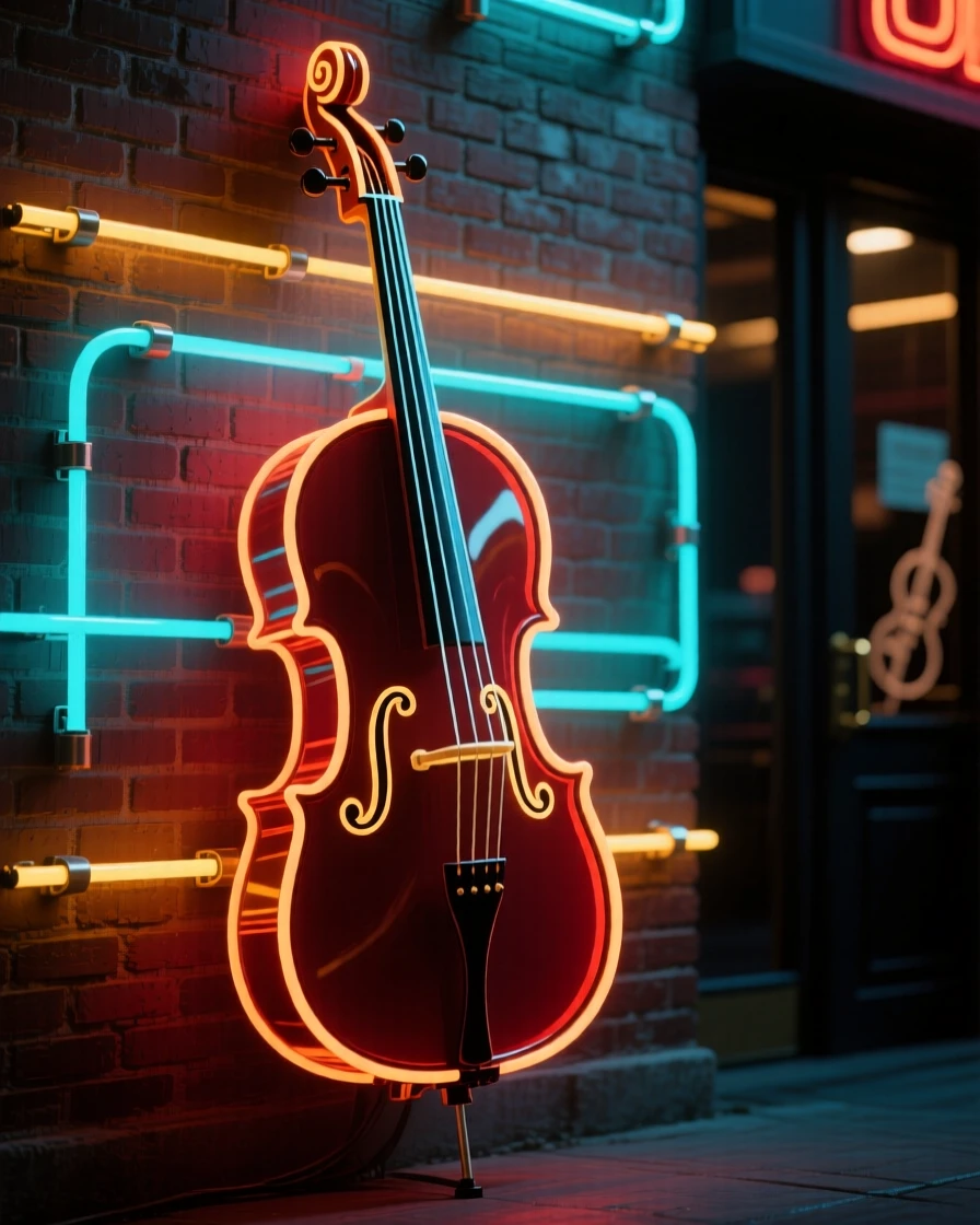 A double bass leaning against a brick wall outside a jazz club.
