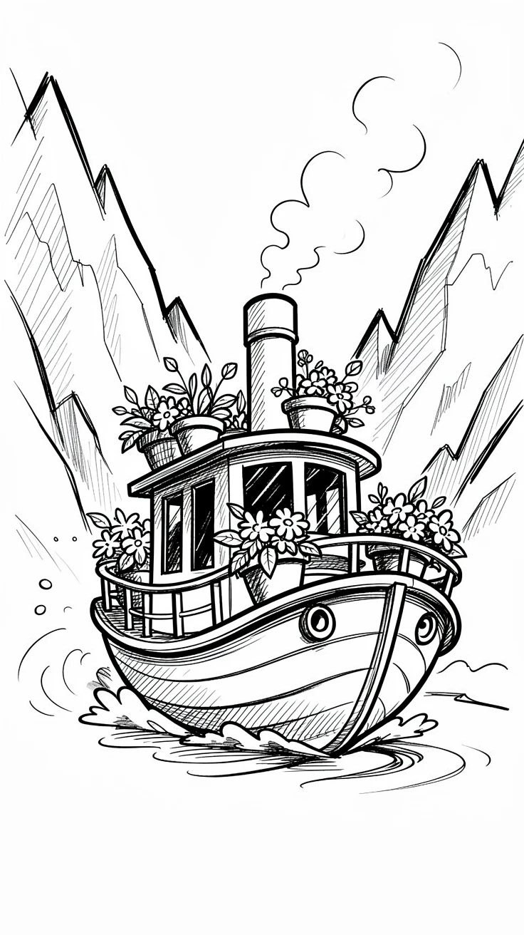 A canal boat decorated with flower pots chugging through a mountain pass.