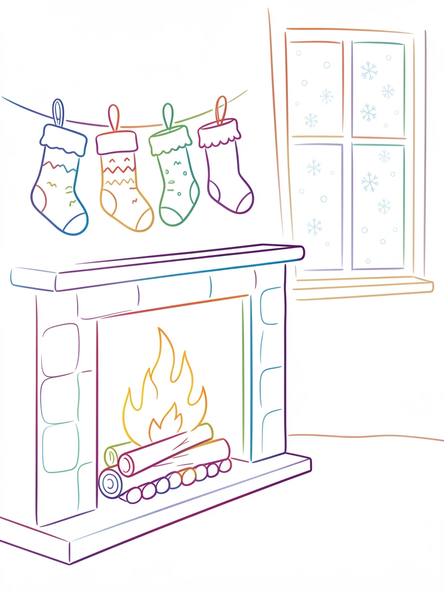 A winter fireplace scene with stockings hung and snow falling outside.