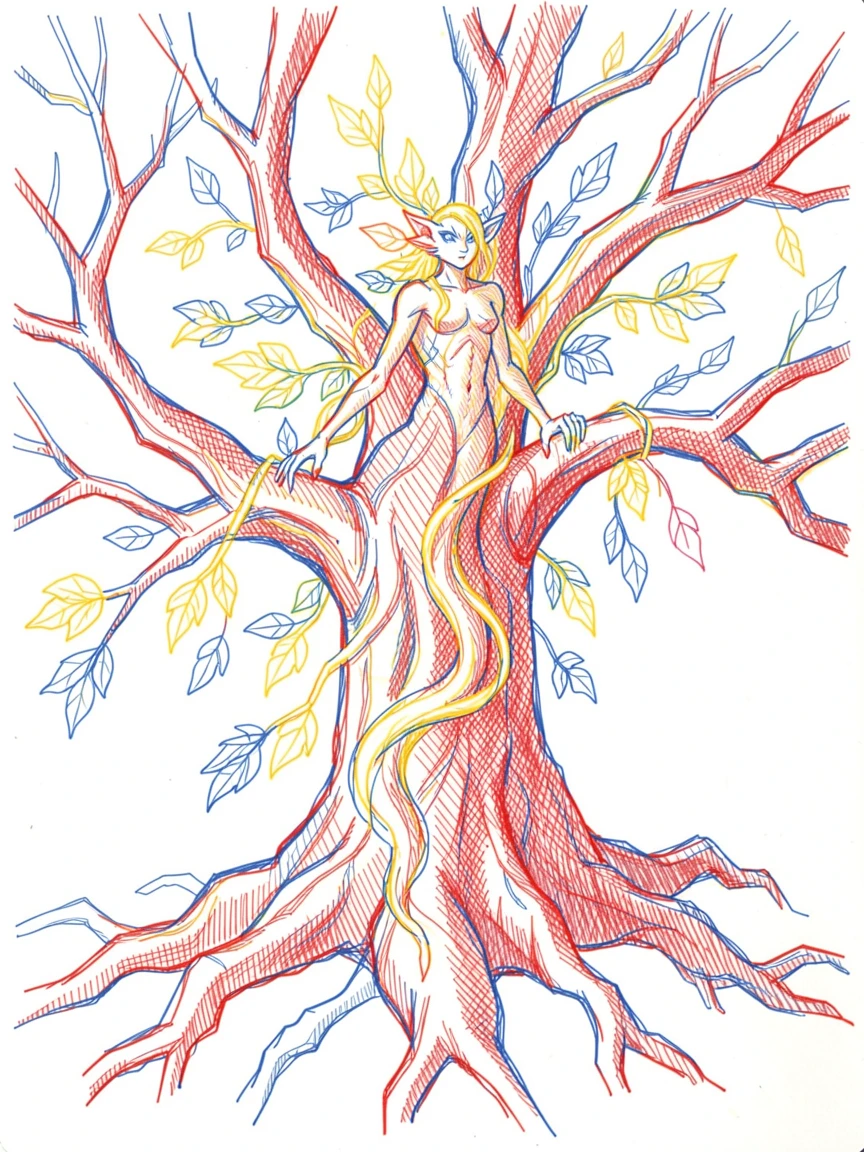 A forest spirit made of leaves and vines emerging from an ancient oak