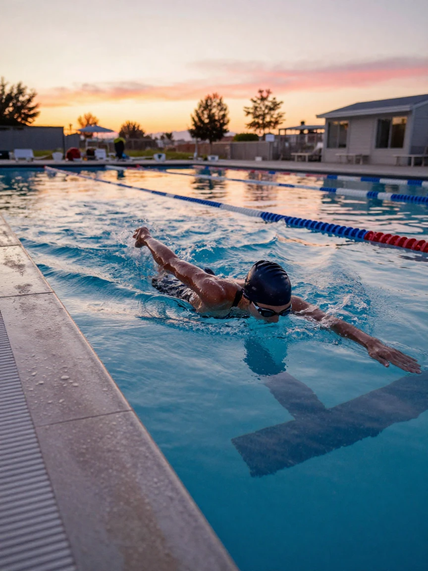 A swimmer training in an outdoor lap pool at dawn