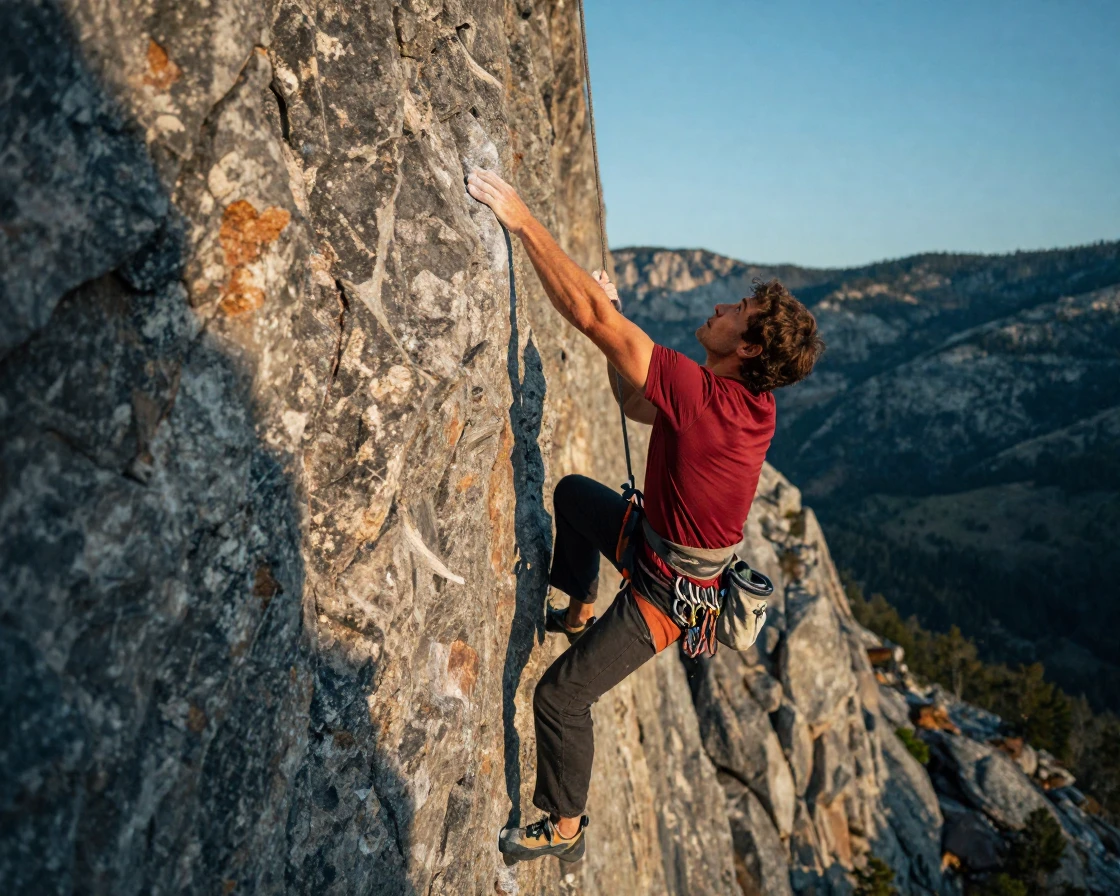 A rock climber reaching for a hold high on a sheer granite cliff face