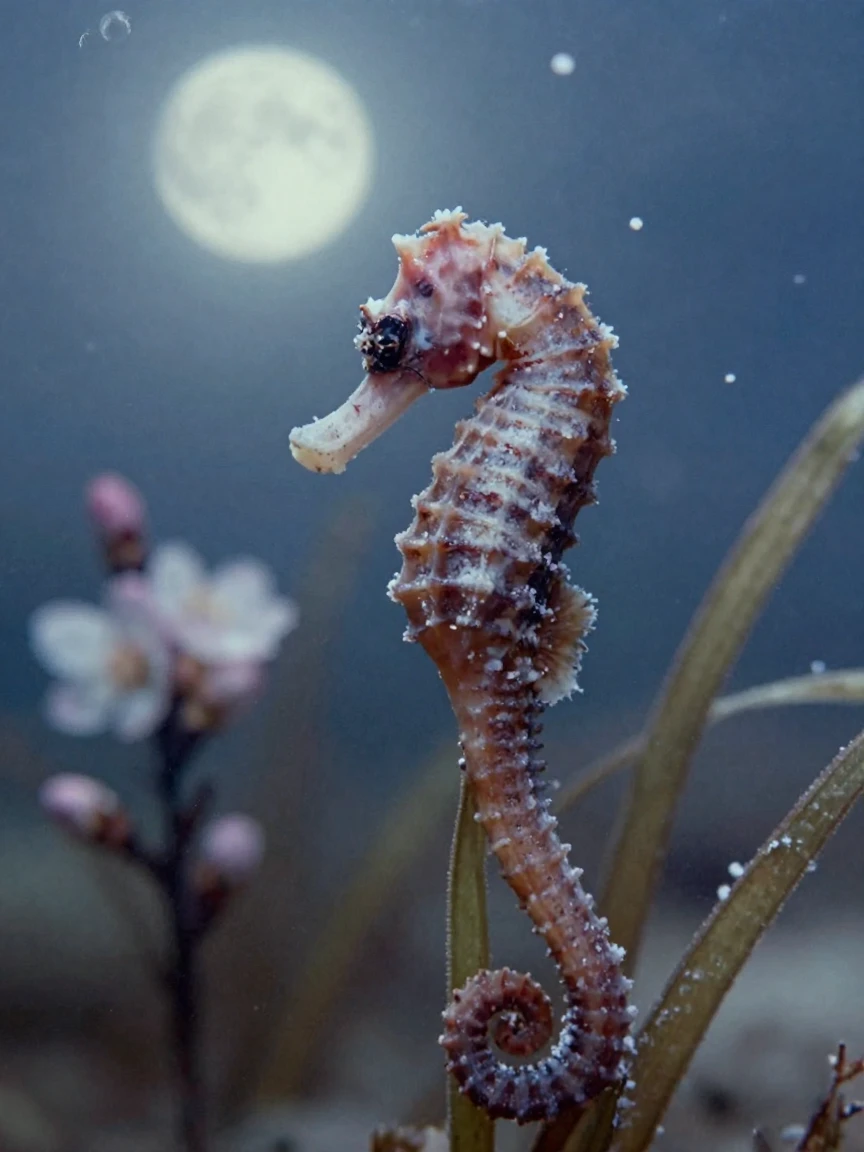 A seahorse clinging delicately to a strand of sea grass, under moonlight, amid gently falling snow, as spring blossoms unfurl, in cool blues and silvery greys, in a tight close-up.