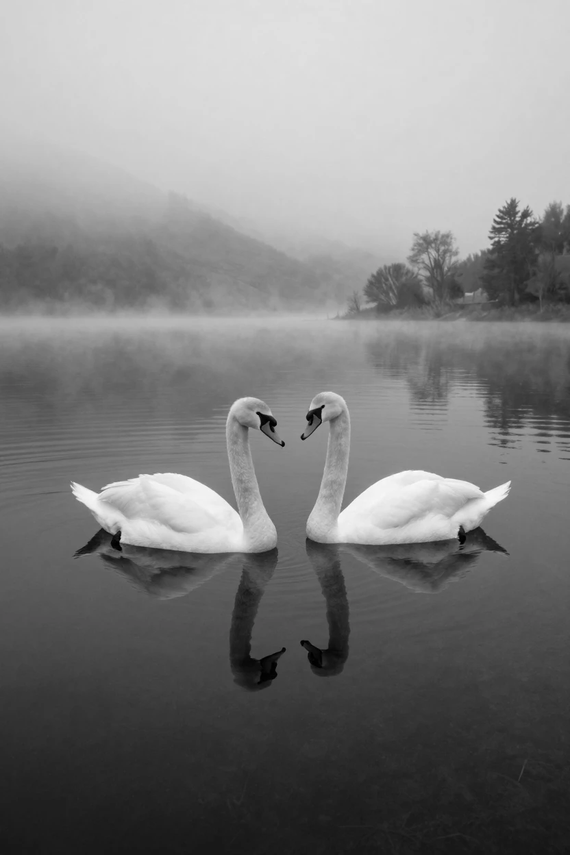 A pair of swans glides gracefully across a still lake across a misty highland lake.