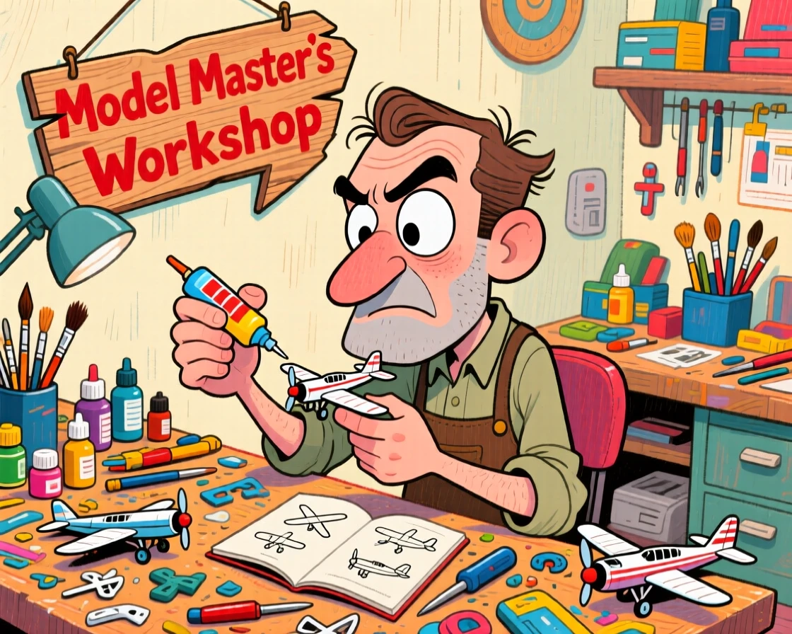 A model airplane hobbyist carefully gluing tiny wing pieces at a cluttered workbench.