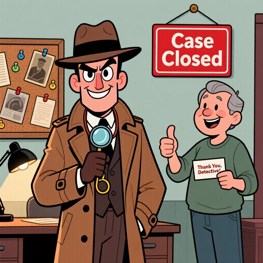 A vibrant profession-themed portrait of a sharp-eyed detective pausing to pose confidently for the camera, with a satisfied customer nearby.