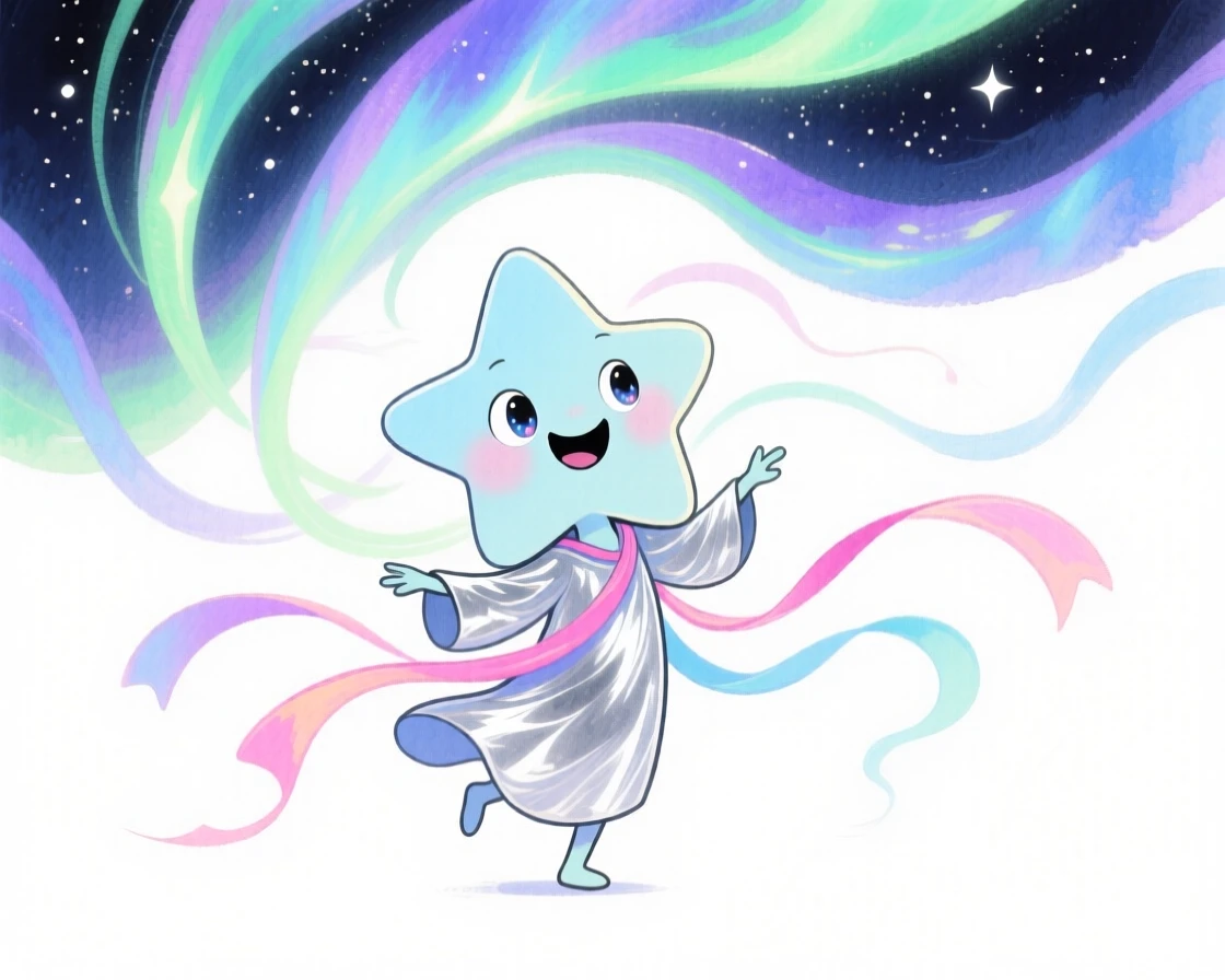A cosmic star-spirit dancing with ribbons of northern lights overhead