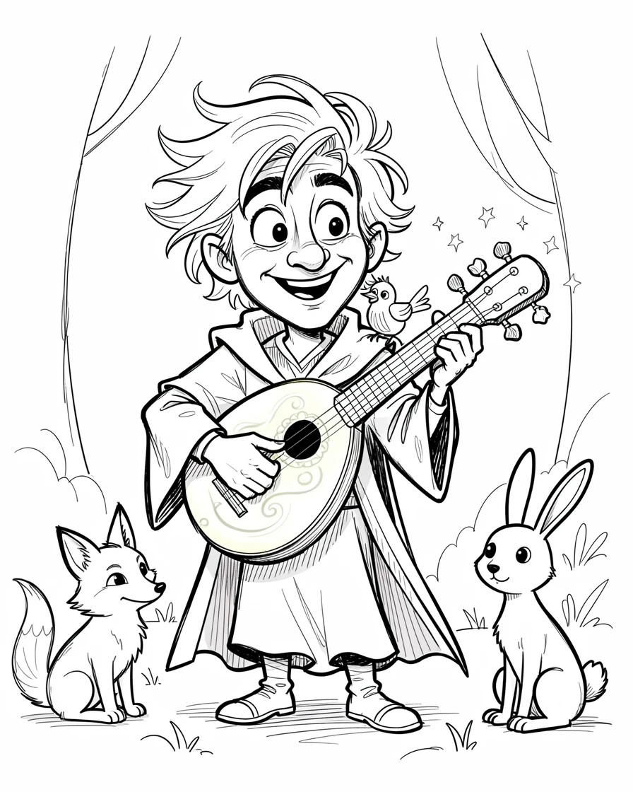 [Fantasy & Imaginative Scenarios] Imaginative fantasy scene of a wandering bard playing an enchanted lute for woodland creatures, brimming with wonder