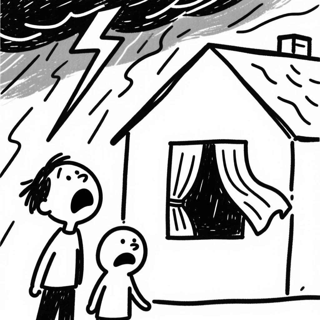 A thunderstorm rolling in over a farmhouse, curtains billowing through an open window.