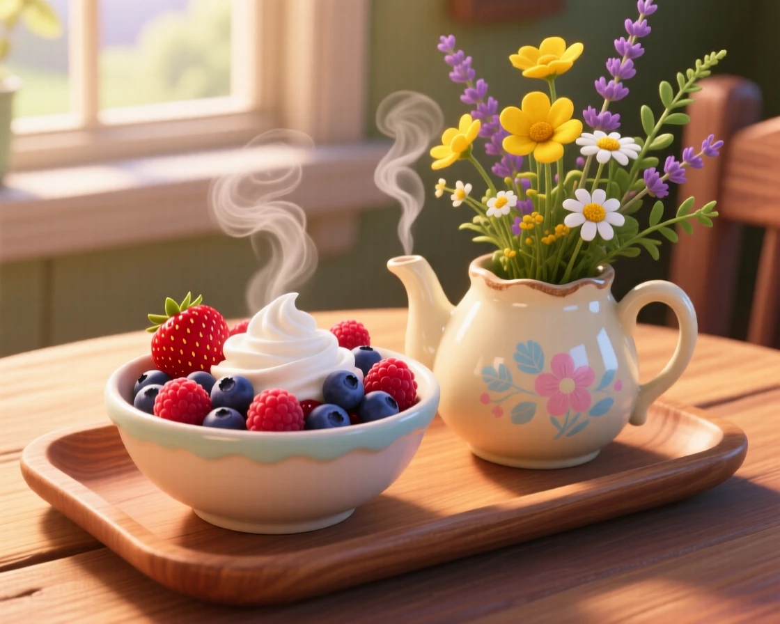 A bowl of fresh mixed berries with cream sits on a tray beside a steaming teapot, with a small vase of wildflowers nearby. A cheerful, mouthwatering warmth surrounds the dish.