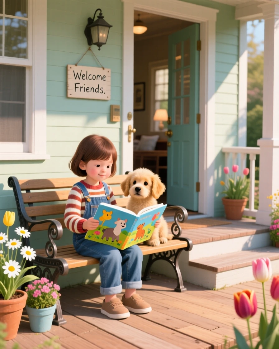 In a cozy front porch, a child and a lost puppy bond over reading together on a park bench, with quiet gratitude in their eyes.