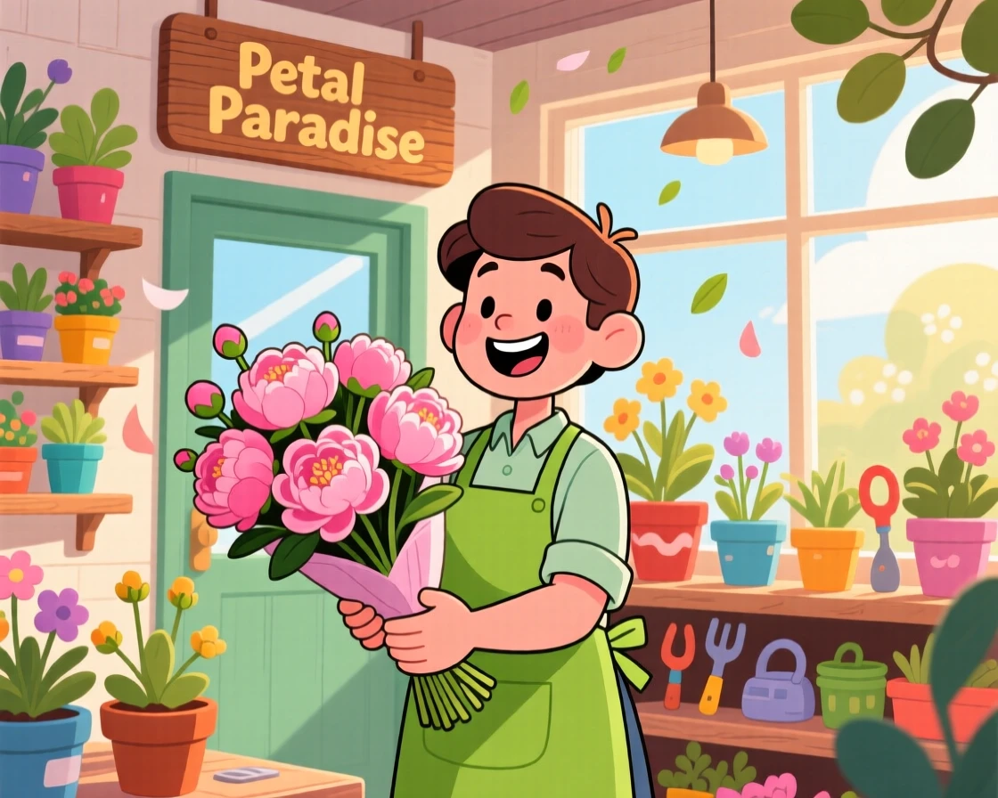 A florist arranging a bouquet of peonies in a small shop.