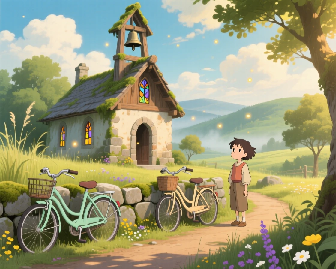 A countryside chapel with a weathered bell tower, with bicycles leaning against a low stone wall, under a warm afternoon sun.