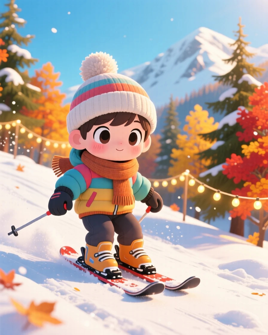 Symmetrical front-on view: a young skier, carving gently down a snowy slope, set against a bright winter mountainside during golden autumn harvest season, with glowing string lights and a mood of proud determination.