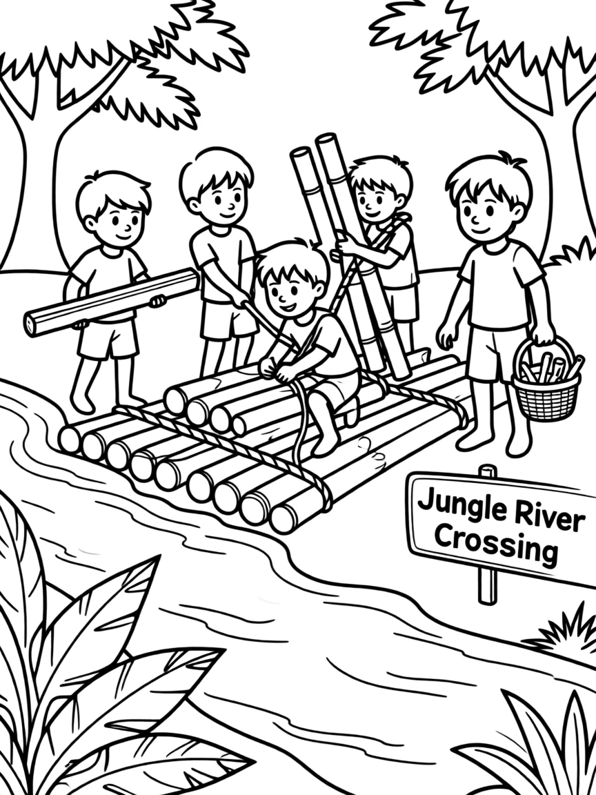 A group of friends building a raft to cross a jungle river
