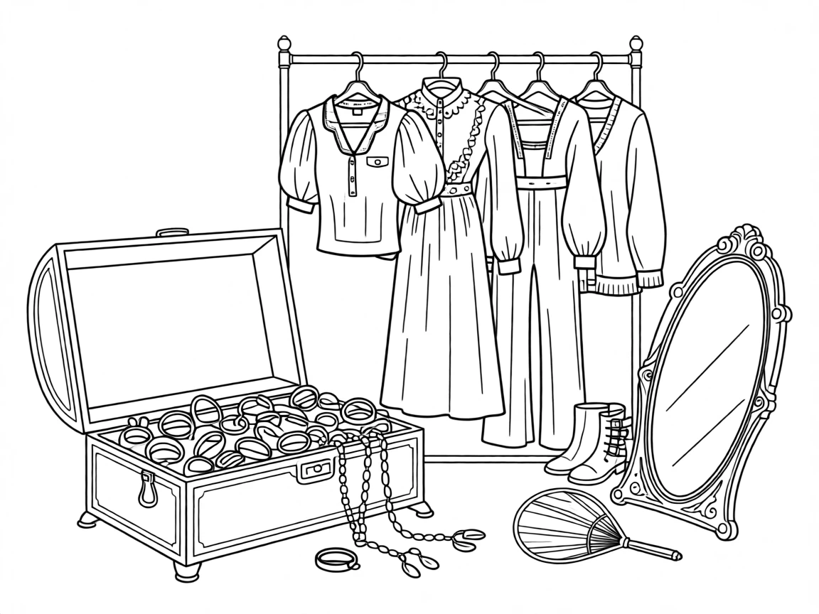 A jewelry box overflowing with rings, chains, and earrings, styled beside a rack of vintage clothing.