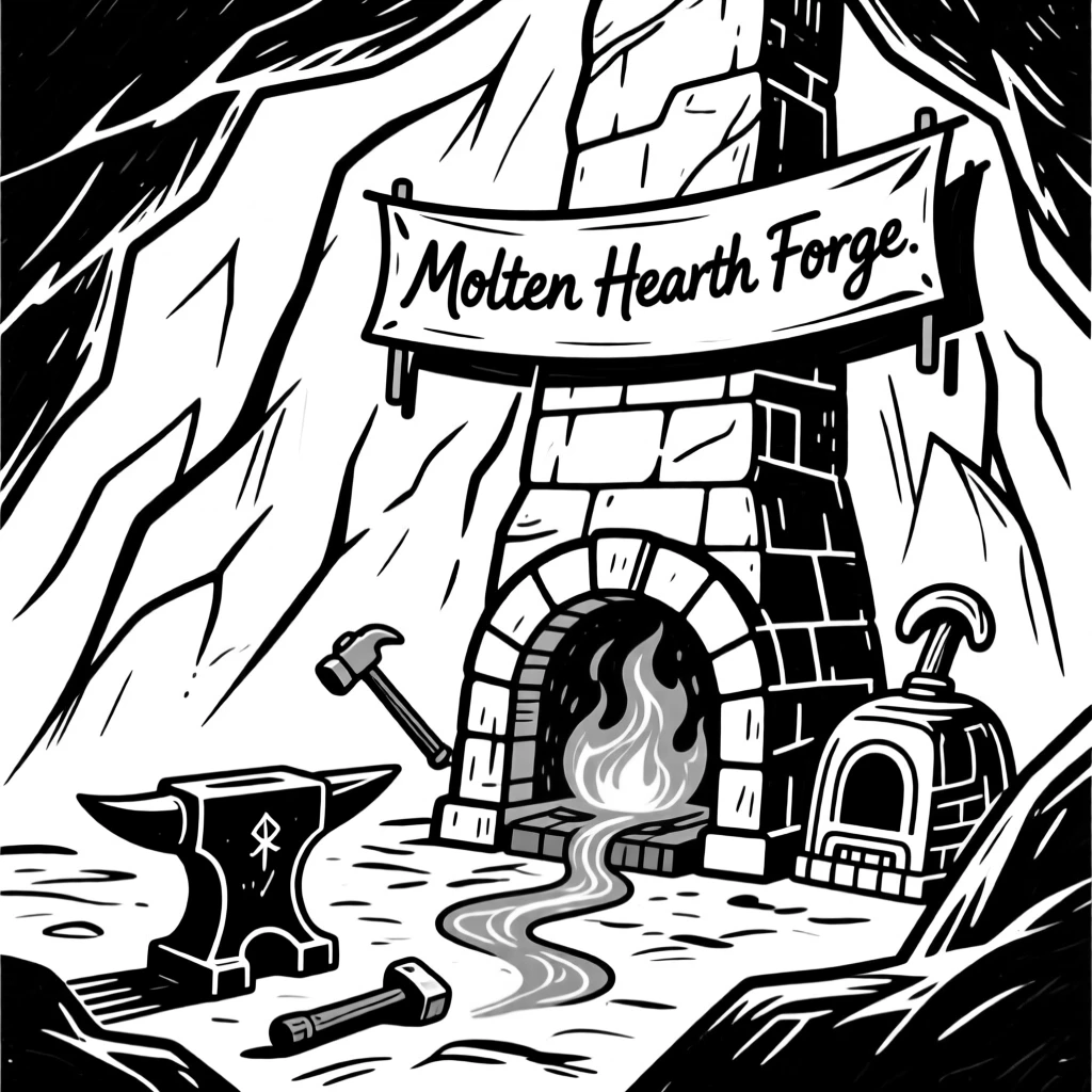 A dwarven forge glowing with molten metal deep within a mountain.