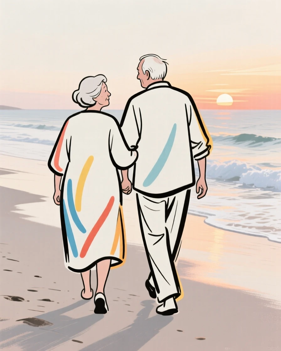 An elderly couple walking arm in arm along a quiet beach at sunset.