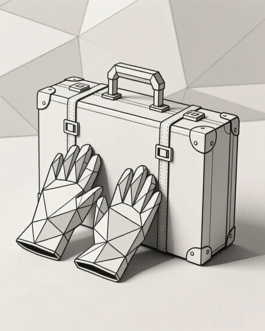 A pair of gloves resting beside a vintage suitcase
