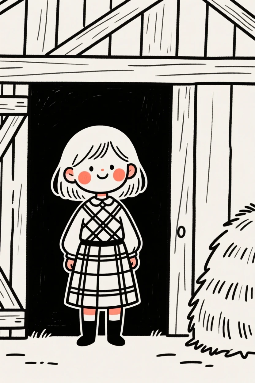 A little girl wearing a Scottish kilt, in a rustic barn.