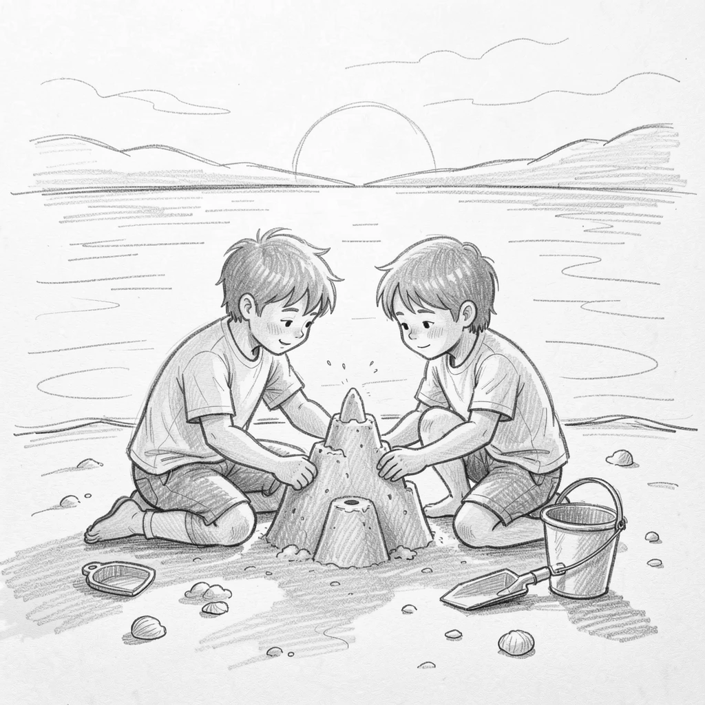 Siblings building a sandcastle together, beside a calm lake at sunset, captured in a tender, unguarded moment.