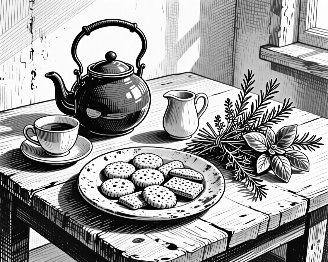 A tea set with a plate of biscuits set beside a bouquet of fresh herbs, with sunlight catching the glossy surface, presented in a rustic and homely culinary still life.