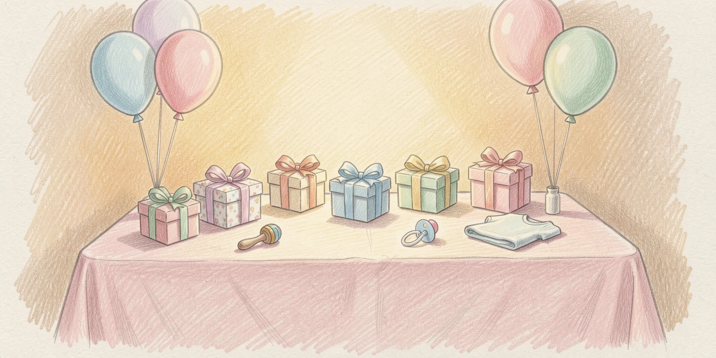 A baby shower table styled with pastel decorations and tiny gifts, bathed in the warm glow of golden-hour light, radiating comfort, joy, and quiet beauty.