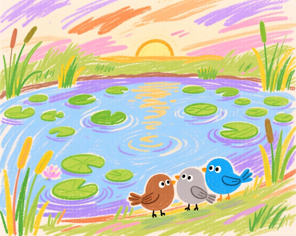 A view of a quiet pond covered in lily pads with birds gathering nearby at dawn.