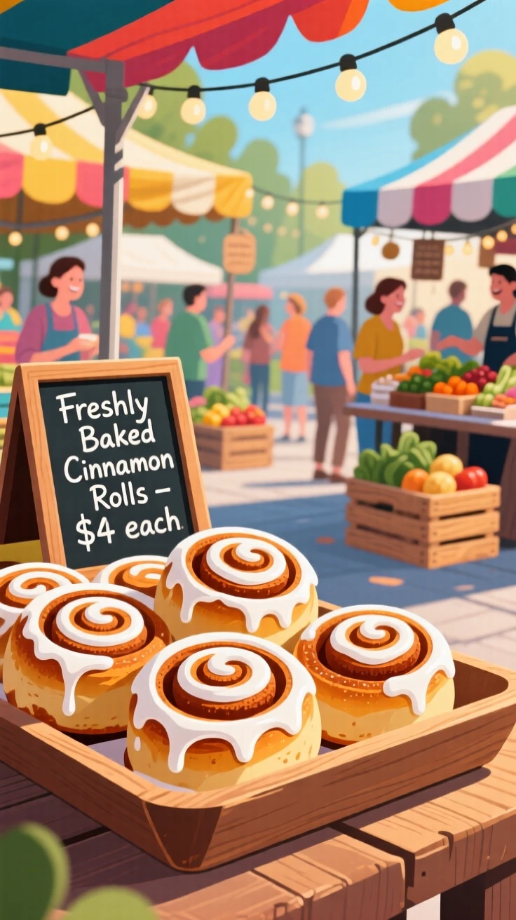 A rustic tray of freshly baked cinnamon rolls with icing, set within a bustling outdoor market stall, captured with a close, mouthwatering focus, with a joyful, celebratory feel.