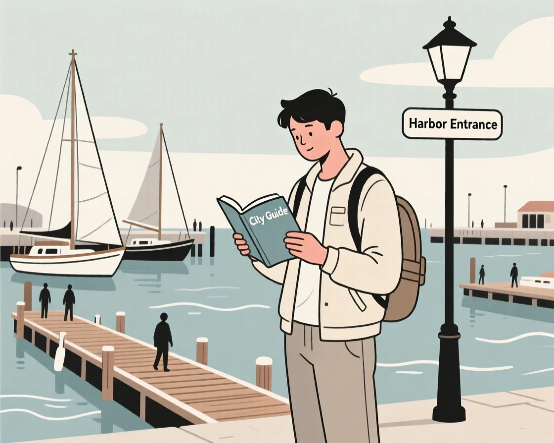 A traveler reading a guidebook near a bustling harbor.