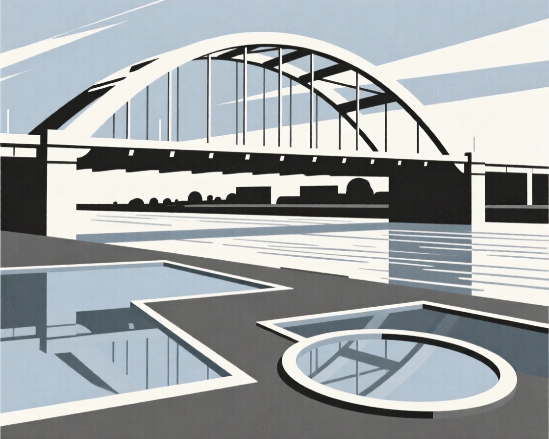 A view looking up at a bridge arching over a river from a riverside district, with reflecting pools in frame, evoking modern clarity.