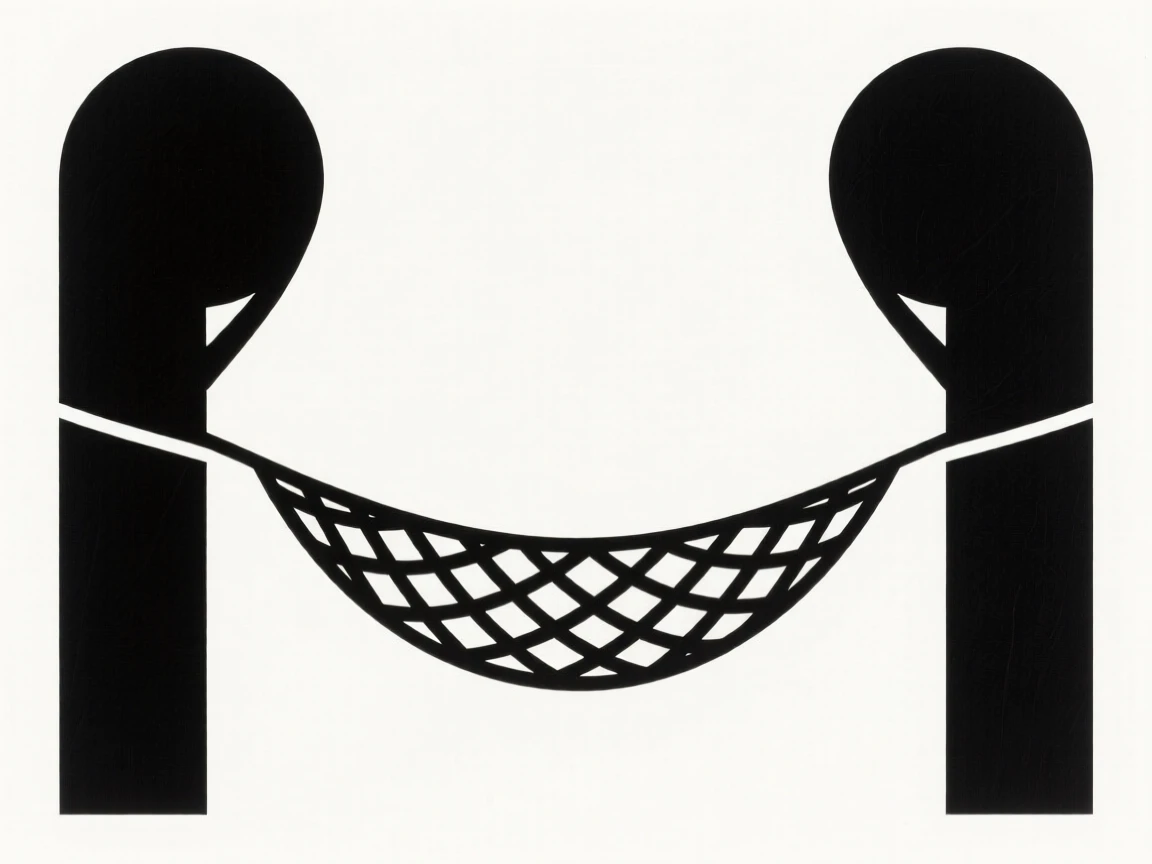 A woven hammock strung between two trees