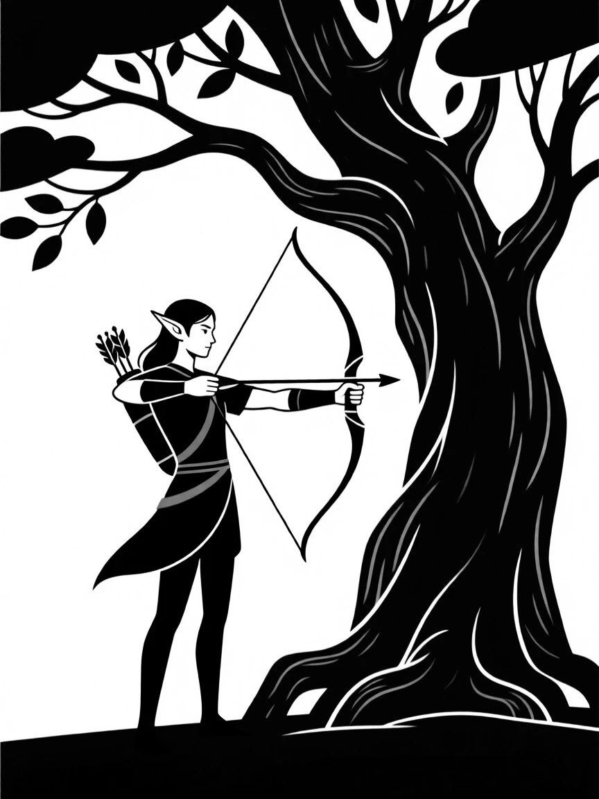 An elf archer standing beneath ancient trees.
