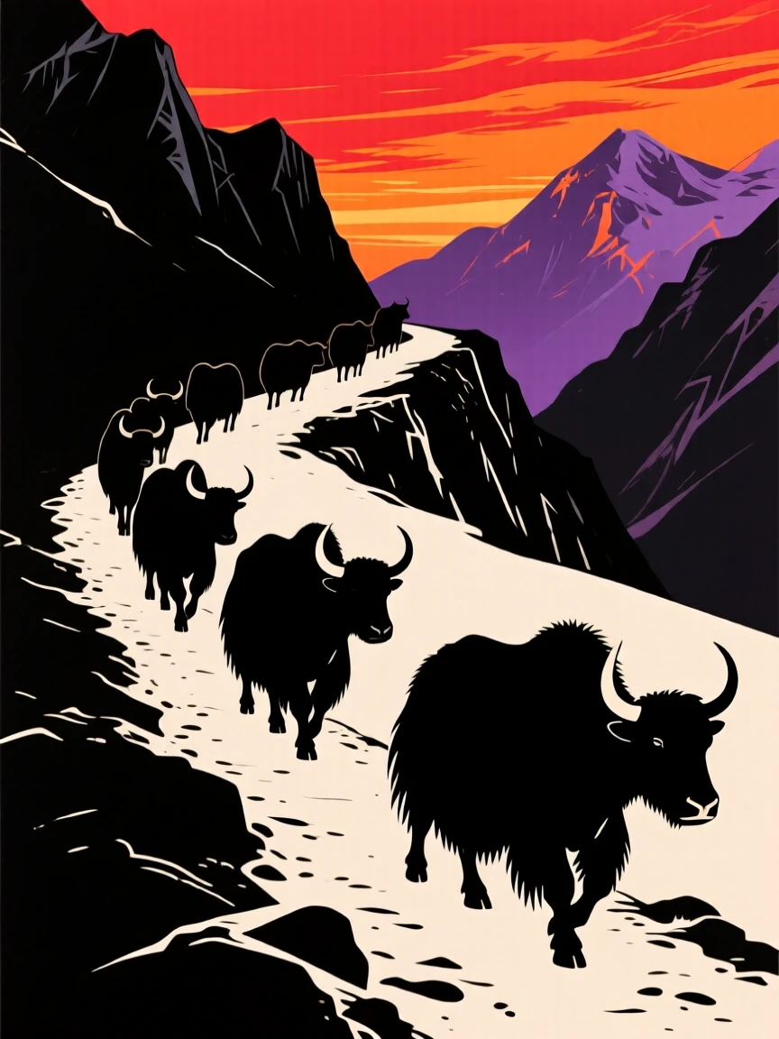 A herd of yaks trekking along a narrow Himalayan mountain path.