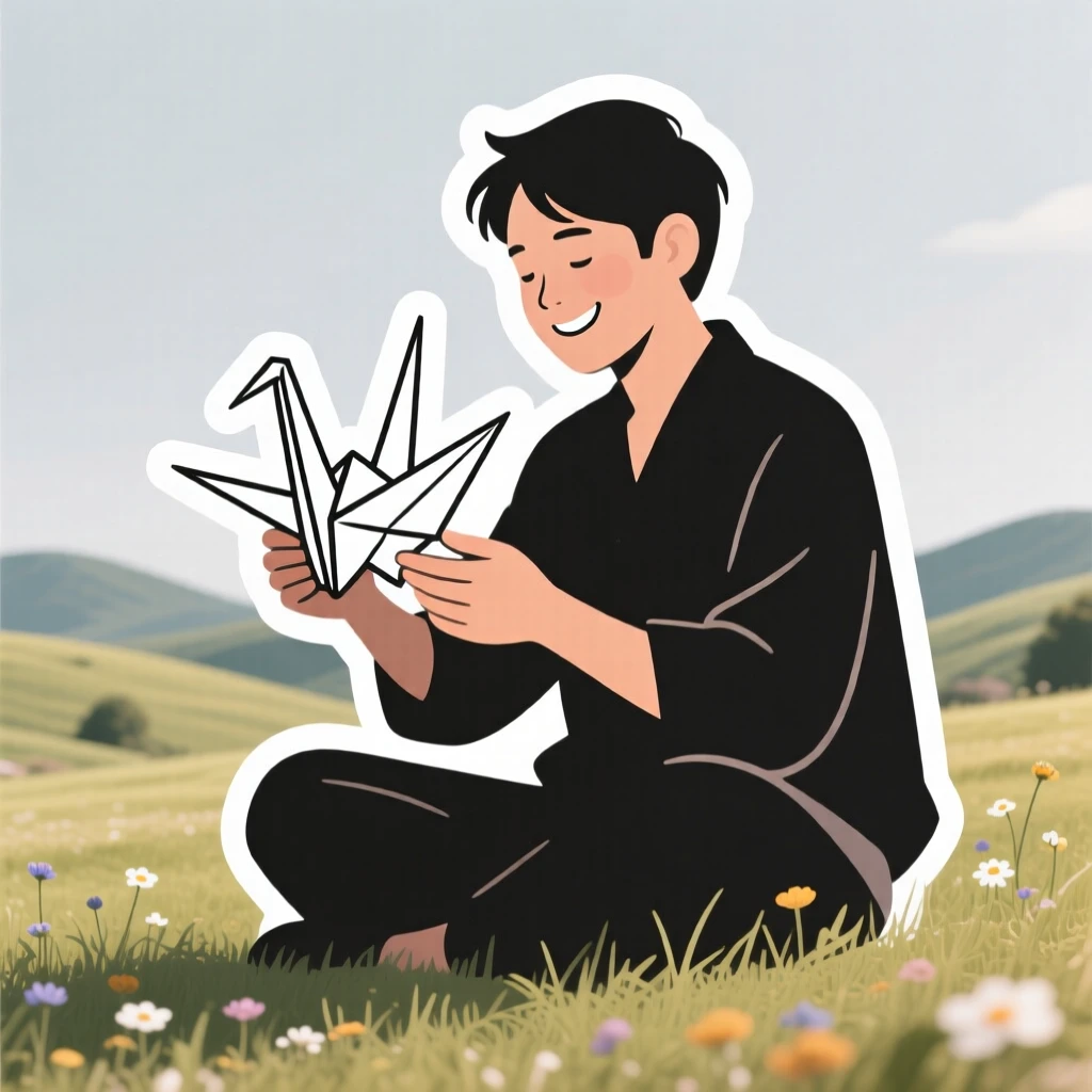 A peacefully immersed origami artist folding a paper crane, with a warm smile of accomplishment, at a scenic outdoor location.