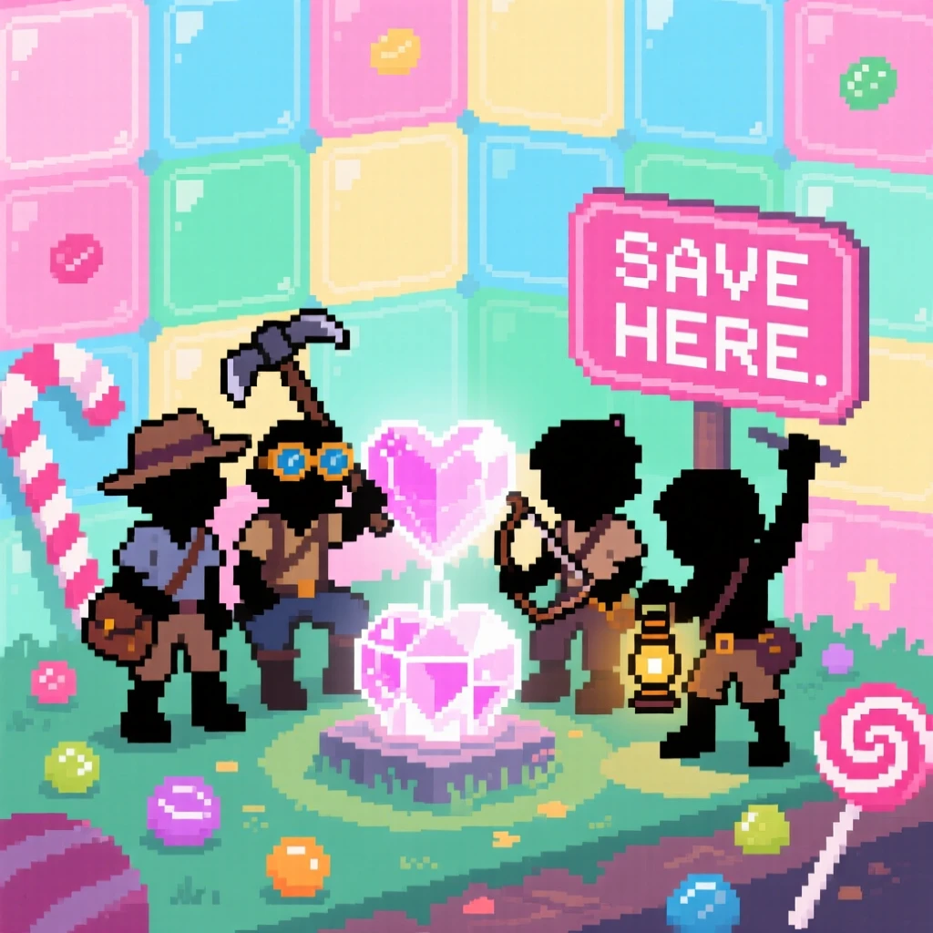A small band of treasure hunters resting at a save point glowing softly in the dark, inside a candy-colored bonus level.