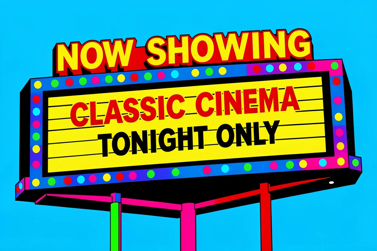 Retro drive-in theater marquee lit up at night