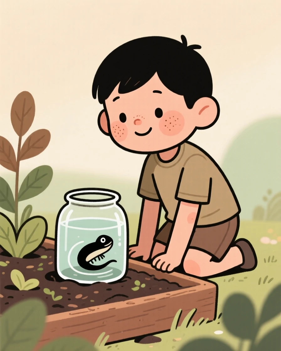 A curious little boy kneels beside a tadpole in a jar in the garden bed, watching intently as it spins in a lazy circle.