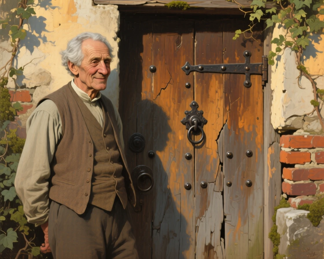 A well-framed scene of an elderly gentleman beside a rustic wooden door, radiating quiet contentment, at golden hour.