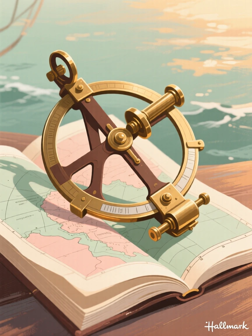 An antique sextant resting beside a folded sea chart