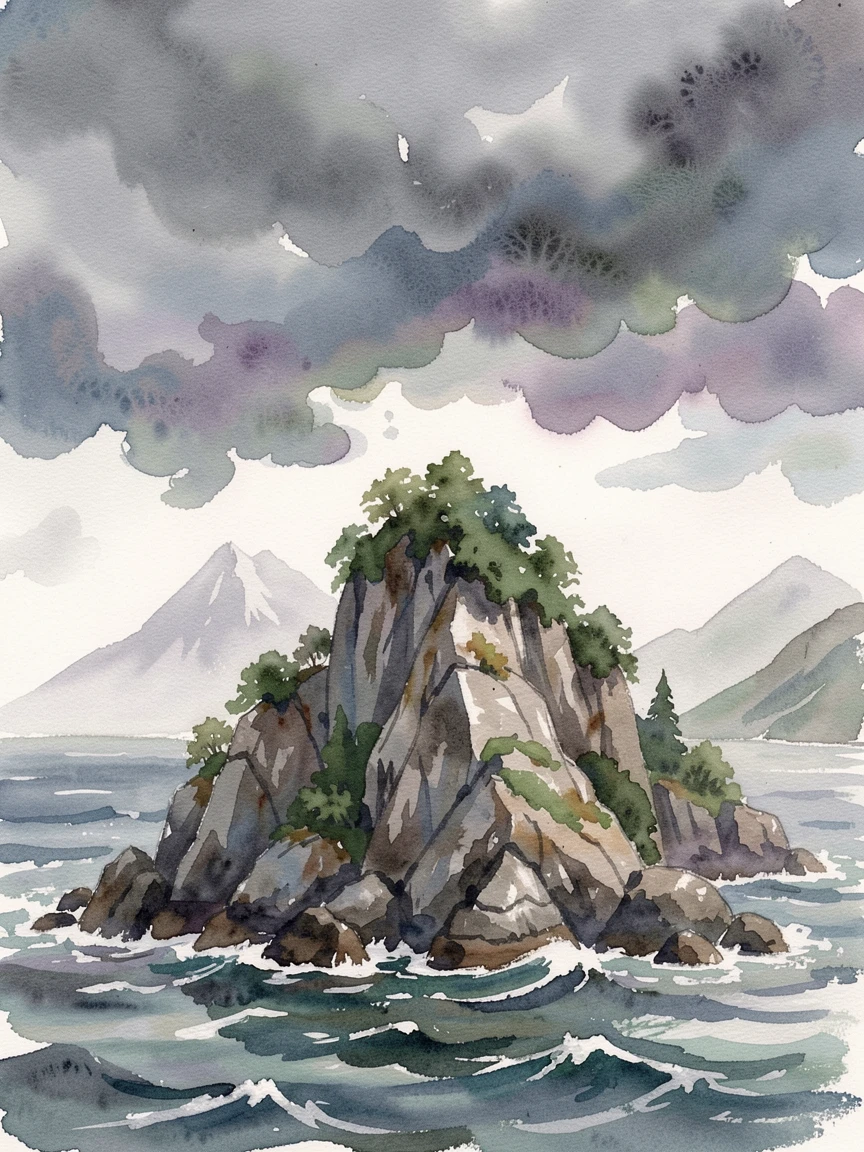 An island surrounded by cliffs as storm clouds gather with distant peaks fading into haze.