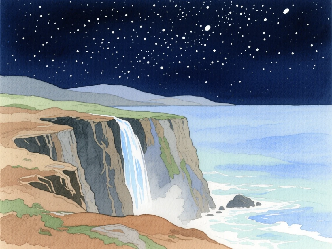 A breathtaking view of a windswept coastal cliff under a canopy of stars, with a waterfall cascading in the distance