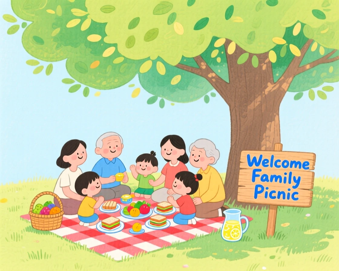 A joyful scene of a family reunion picnic under a big shade tree.