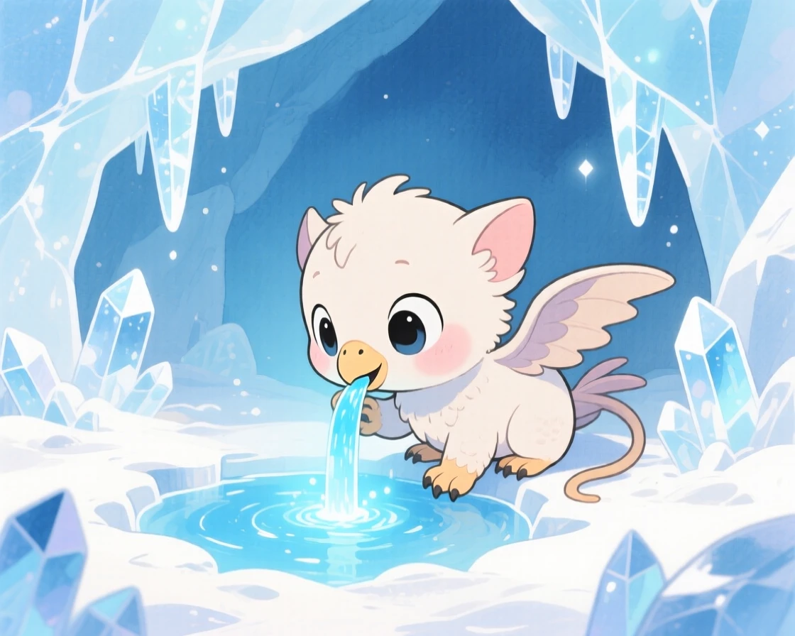 A curious baby griffin drinking from a magical spring that glows softly blue, in a sparkling ice cave, evoking awe and quiet enchantment.