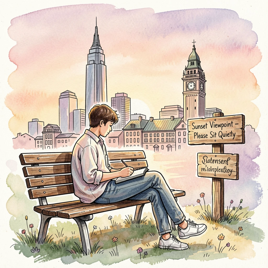 A young artist sketching the skyline from a park bench at sunset, soft natural light framing the scene with quiet warmth.