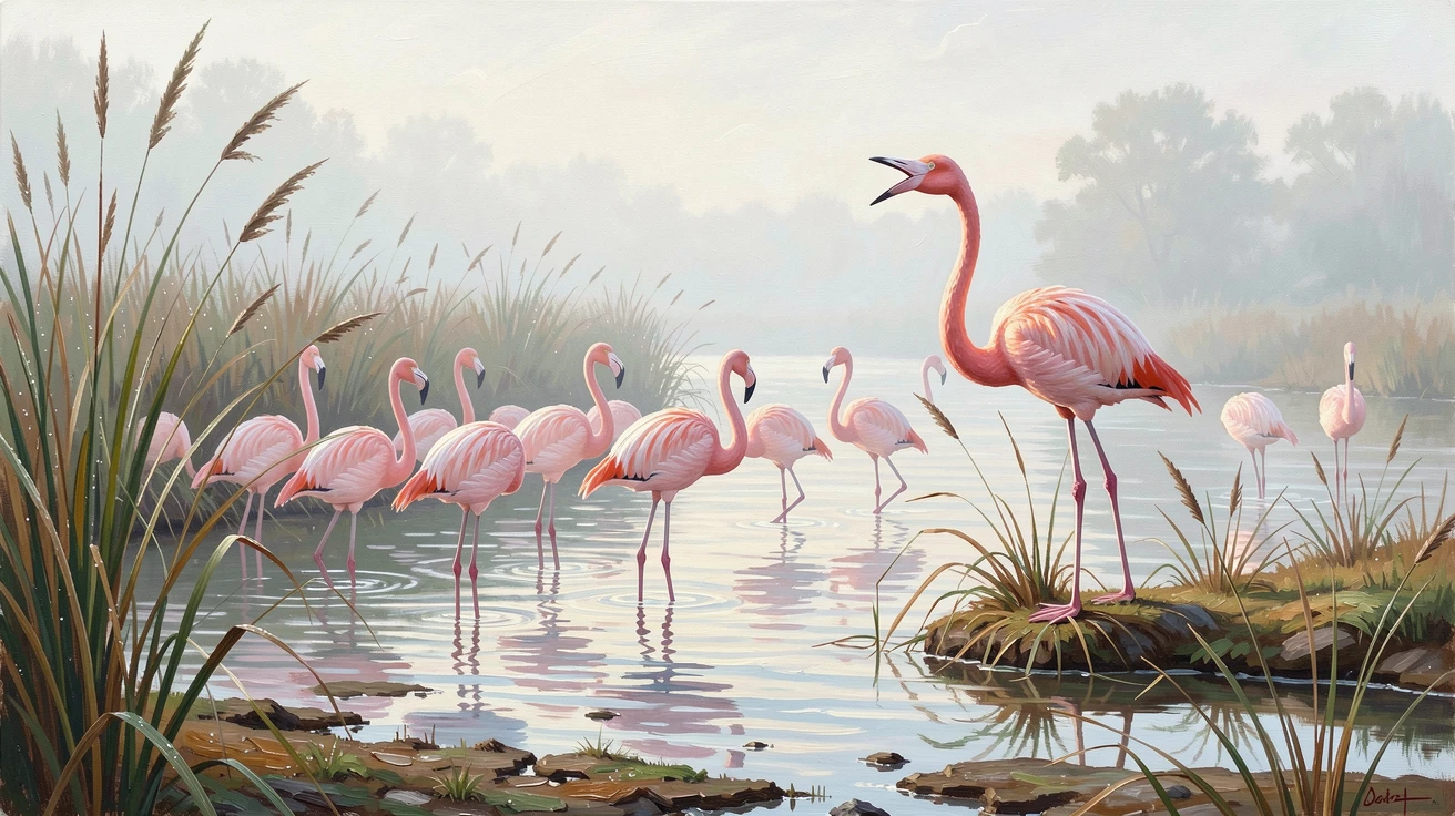 Beside a quiet, reed-lined wetland, a flock of pink flamingos wading in shallow water, it calling out from its high perch, on a misty early morning.