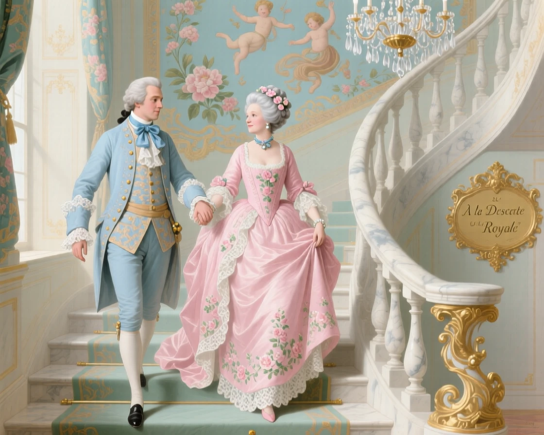 A prince escorting an elderly duchess down a grand staircase  