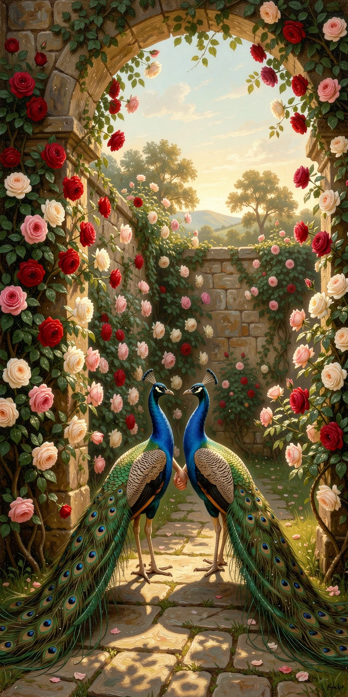 A pair of peacocks walks arm in arm through a walled garden bursting with roses under a soft summer sun.