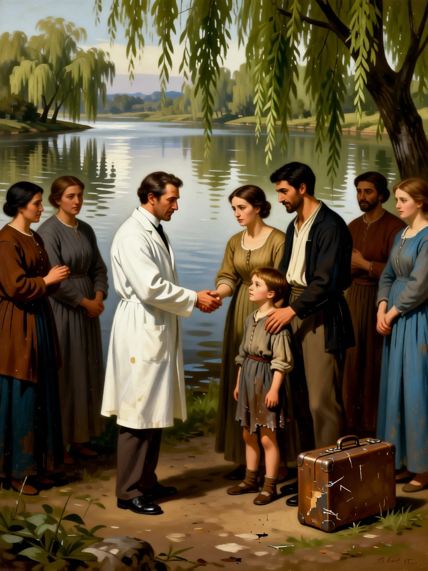 A doctor delivering hopeful news to an anxious family as the weight of years finally lifts, set beside a quiet riverbank framed by willow trees, with worn traveling clothes and a battered suitcase telling their own story; the surrounding onlookers form a soft frame around the emotional core, radiating hope restored after long hardship.